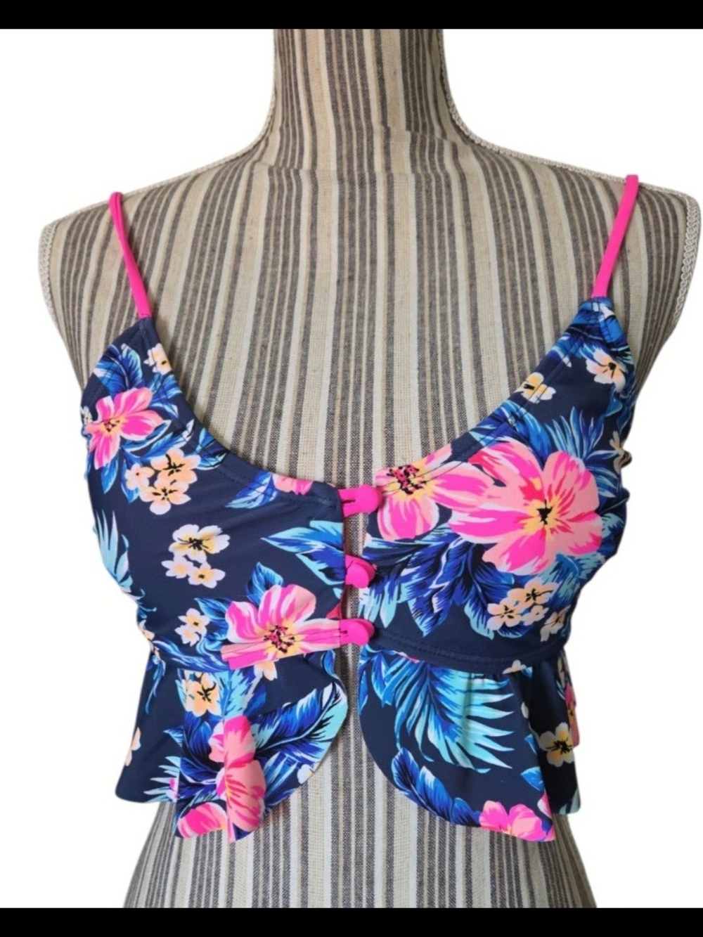Floral Navy Crop Swim Top with Pink Accents
